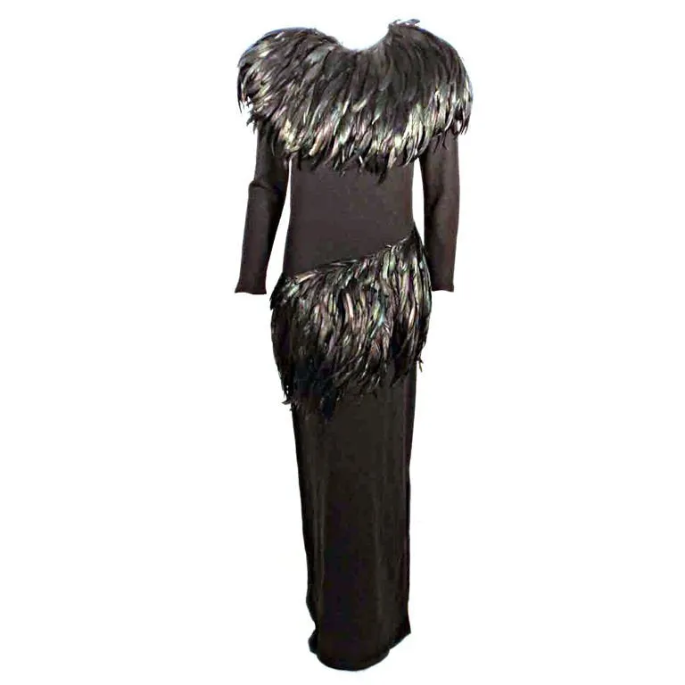 ADOLFO Long Black Knit Evening Gown with Iridescent Feathers