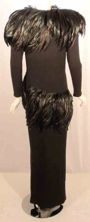 ADOLFO Long Black Knit Evening Gown with Iridescent Feathers