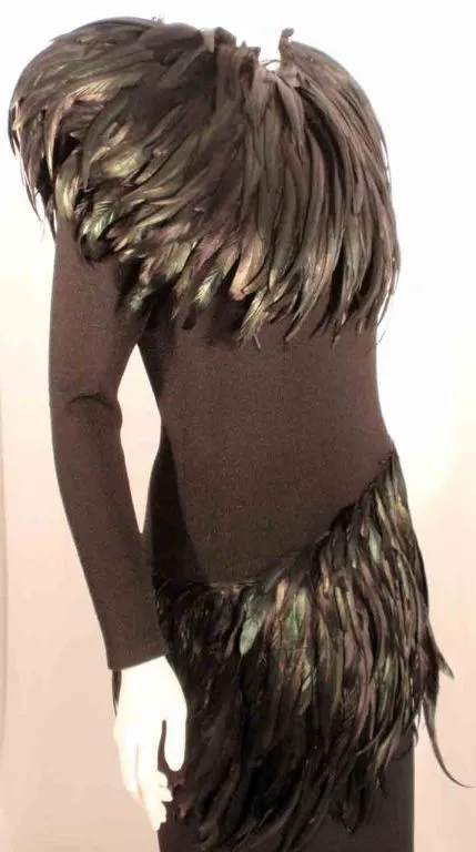 ADOLFO Long Black Knit Evening Gown with Iridescent Feathers