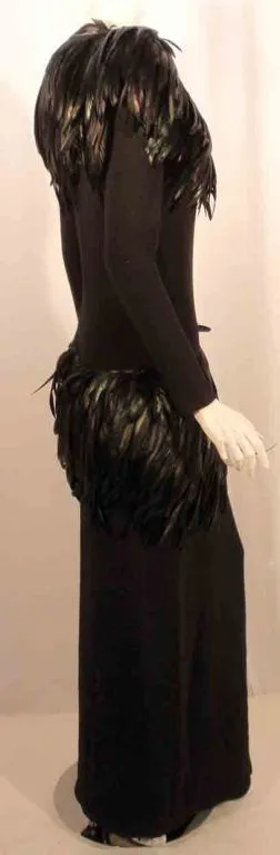 ADOLFO Long Black Knit Evening Gown with Iridescent Feathers