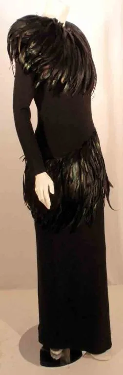 ADOLFO Long Black Knit Evening Gown with Iridescent Feathers