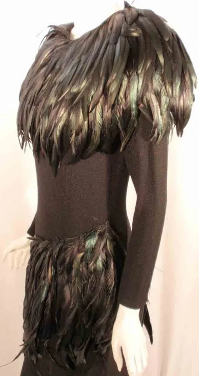 ADOLFO Long Black Knit Evening Gown with Iridescent Feathers