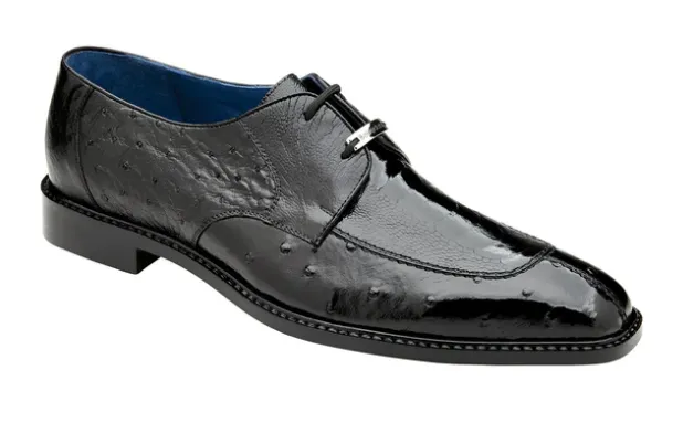 BELVEDERE BOLERO MEN'S SHOES BLACK EXOTIC GENUINE OSTRICH SPLIT-TOE DERBY OXFORDS (#26)