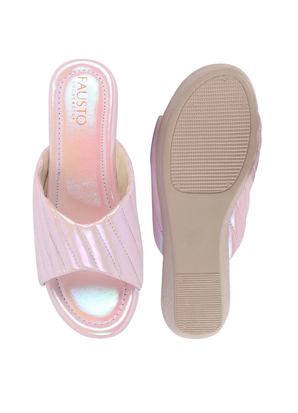 FAUSTO Women Pink Glossy Open Toe Back Open Platform Slip On Sandal With Cushioned Footbed|Sandal For Broad Feet|Festive|Wedding